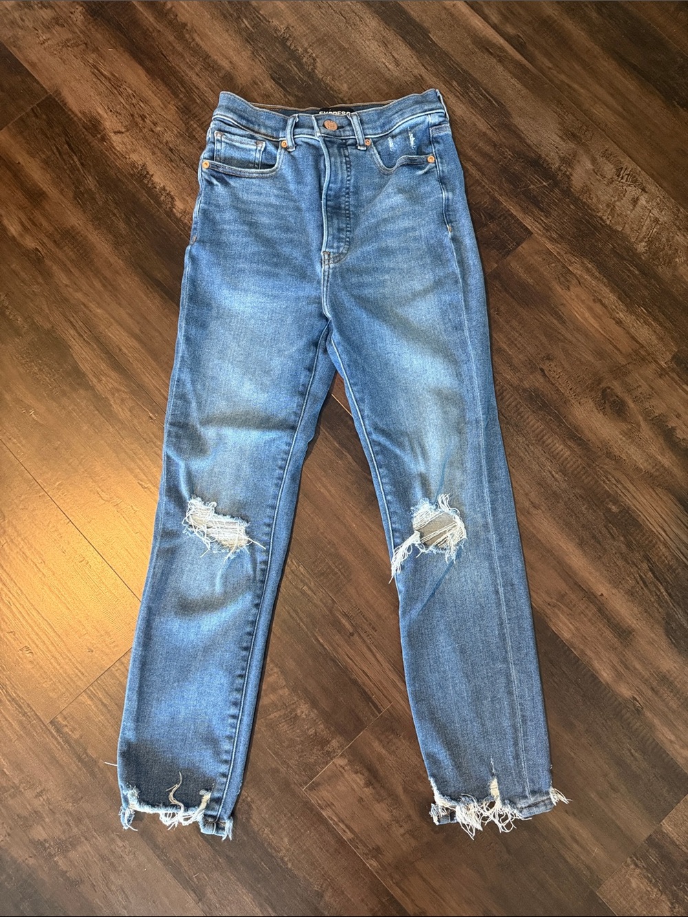 Express High-Rise Distressed Straight Jeans - Blue